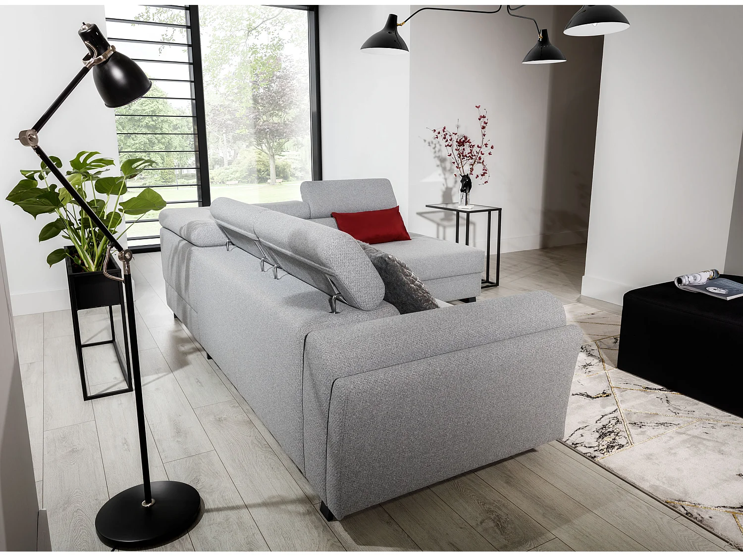 Canapé angle droit convertible tissu gris foncé avec têtières réglables Nikos 265cm 2