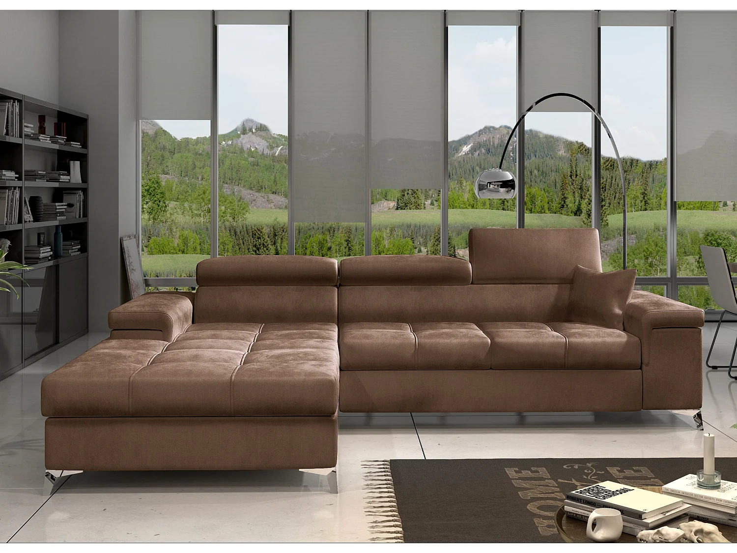 Canapé angle gauche convertible velours marron clair avec appuis-tête réglables Rikaro 280cm