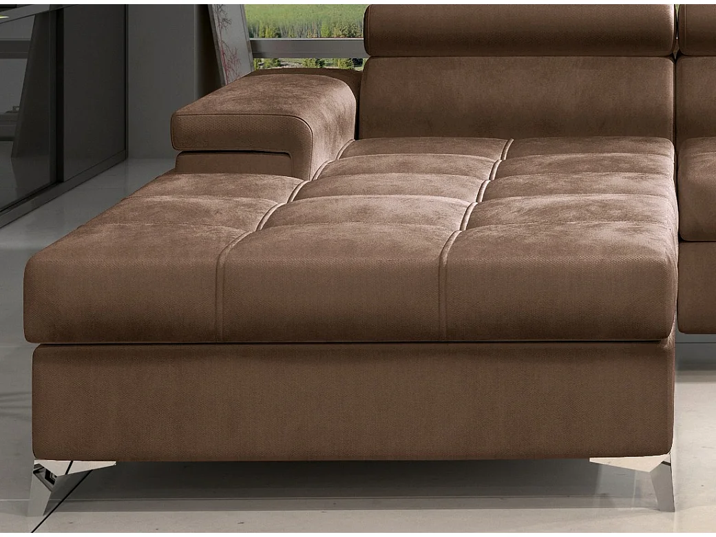 Canapé angle gauche convertible velours marron clair avec appuis-tête réglables Rikaro 280cm