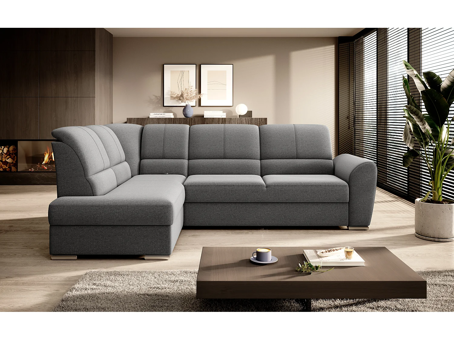 Canapé angle gauche convertible tissu gris foncé et pieds acier chromé Zabor 270cm