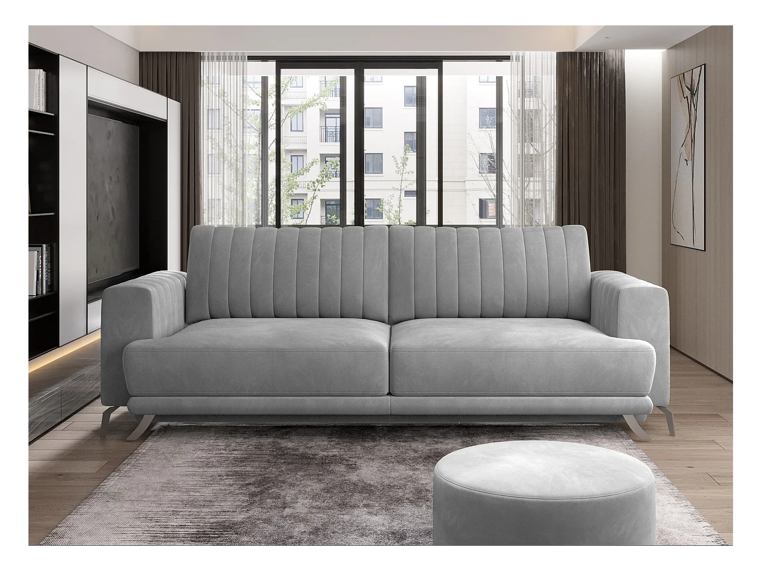 Canapé convertible design 3-4 places tissu doux gris et pieds acier chromé Eliza 250cm 2