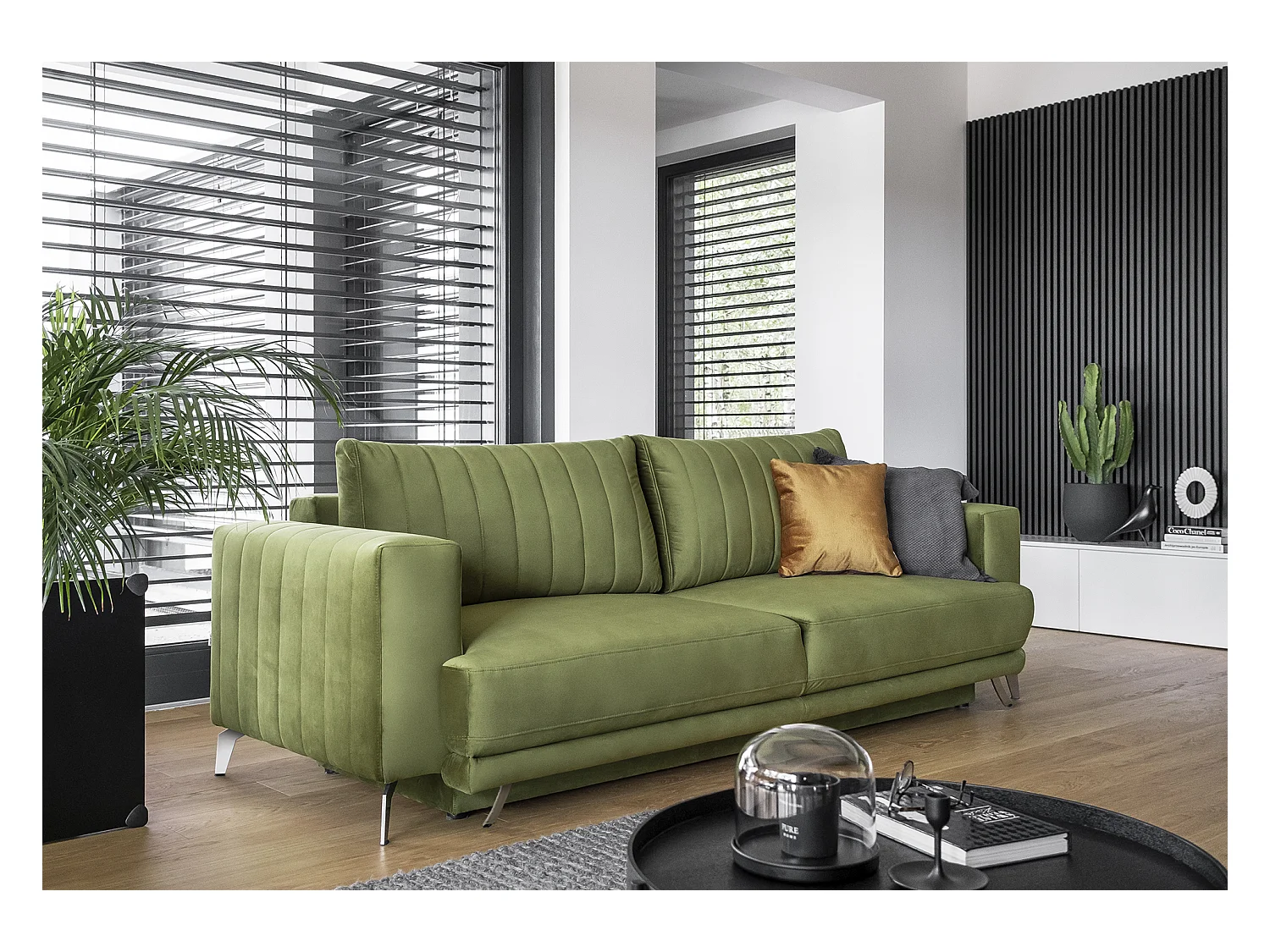 Canapé convertible design 3-4 places tissu doux gris et pieds acier chromé Eliza 250cm 2