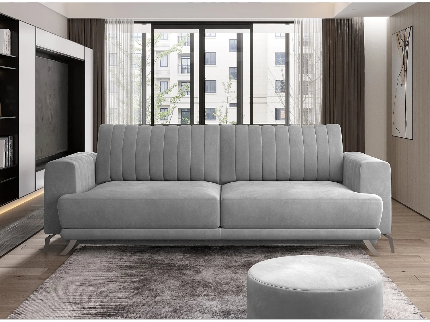 Designer 3/4-zits slaapbank in zachte grijze stof en chroomstalen poten Eliza 250 cm2