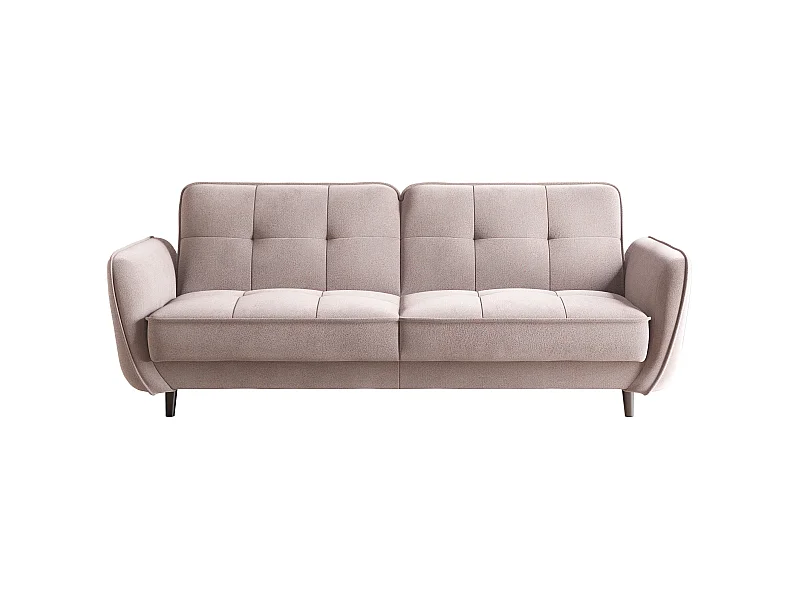 Canapé convertible 3 places tissu rose clair capitonné et pieds bois noir Bizza 220cm