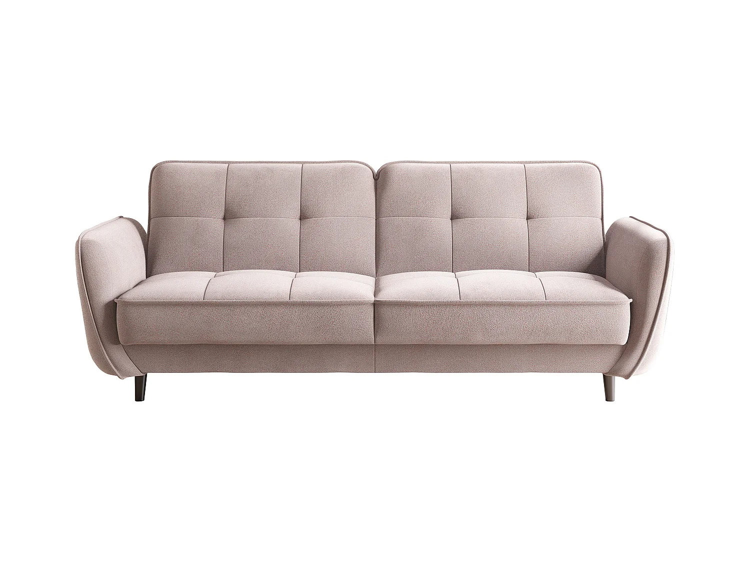Canapé convertible 3 places tissu rose clair capitonné et pieds bois noir Bizza 220cm