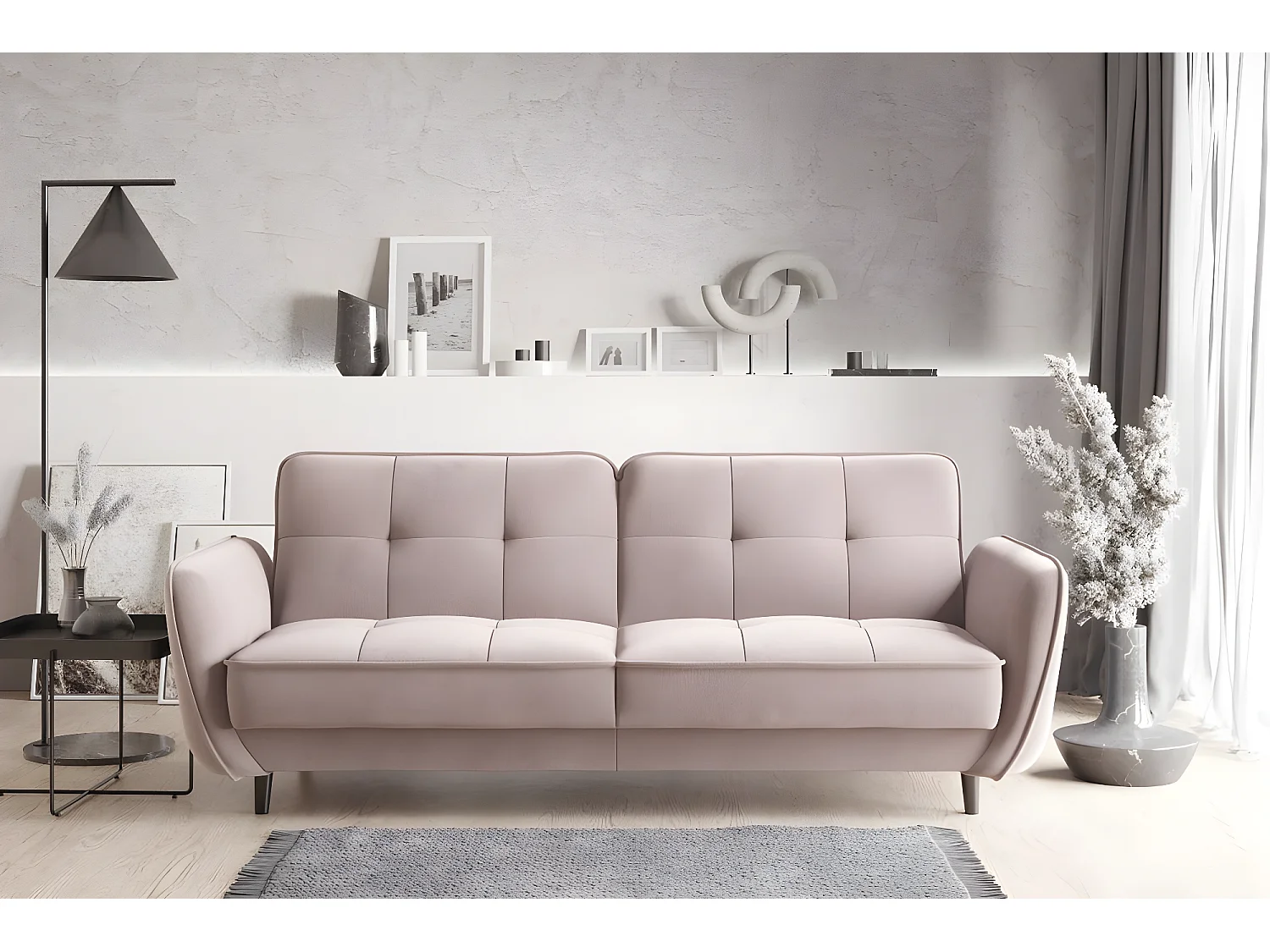 Canapé convertible 3 places tissu rose clair capitonné et pieds bois noir Bizza 220cm