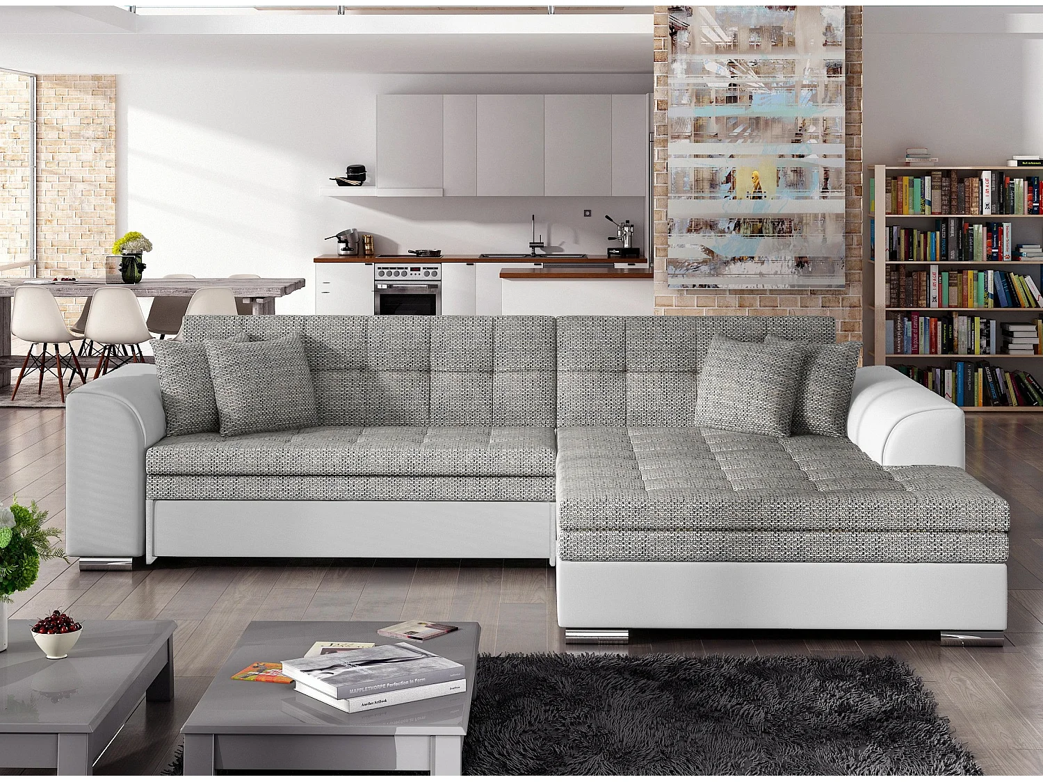 Canapé d'angle convertible tissu et simili LOOKA - Pieds métal chromé-Blanc/Gris chiné-angle droit