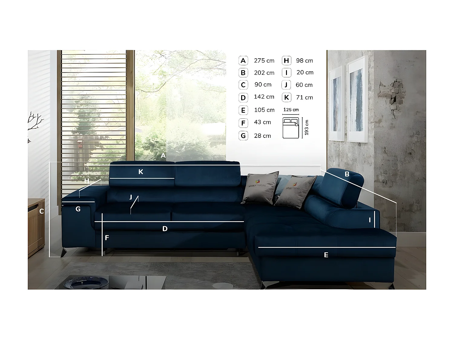 Canapé d'angle droit convertible tissu gris clair et simili blanc Marido 275cm