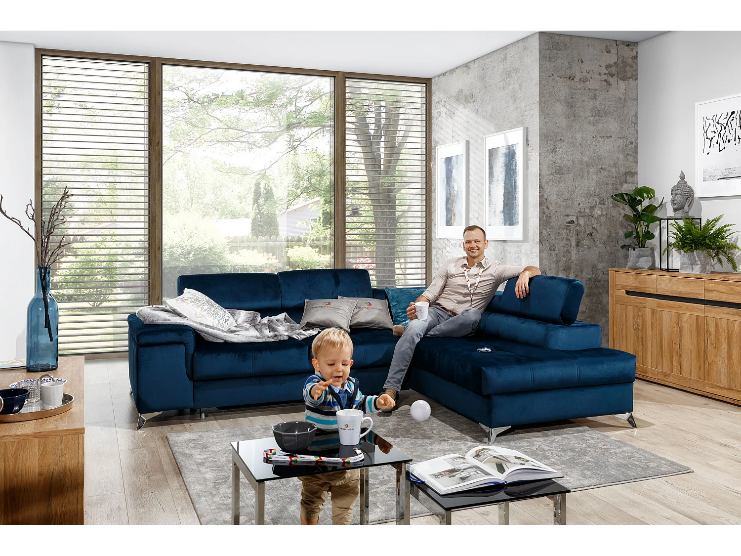 Canapé d'angle droit convertible tissu gris clair et simili blanc Marido 275cm