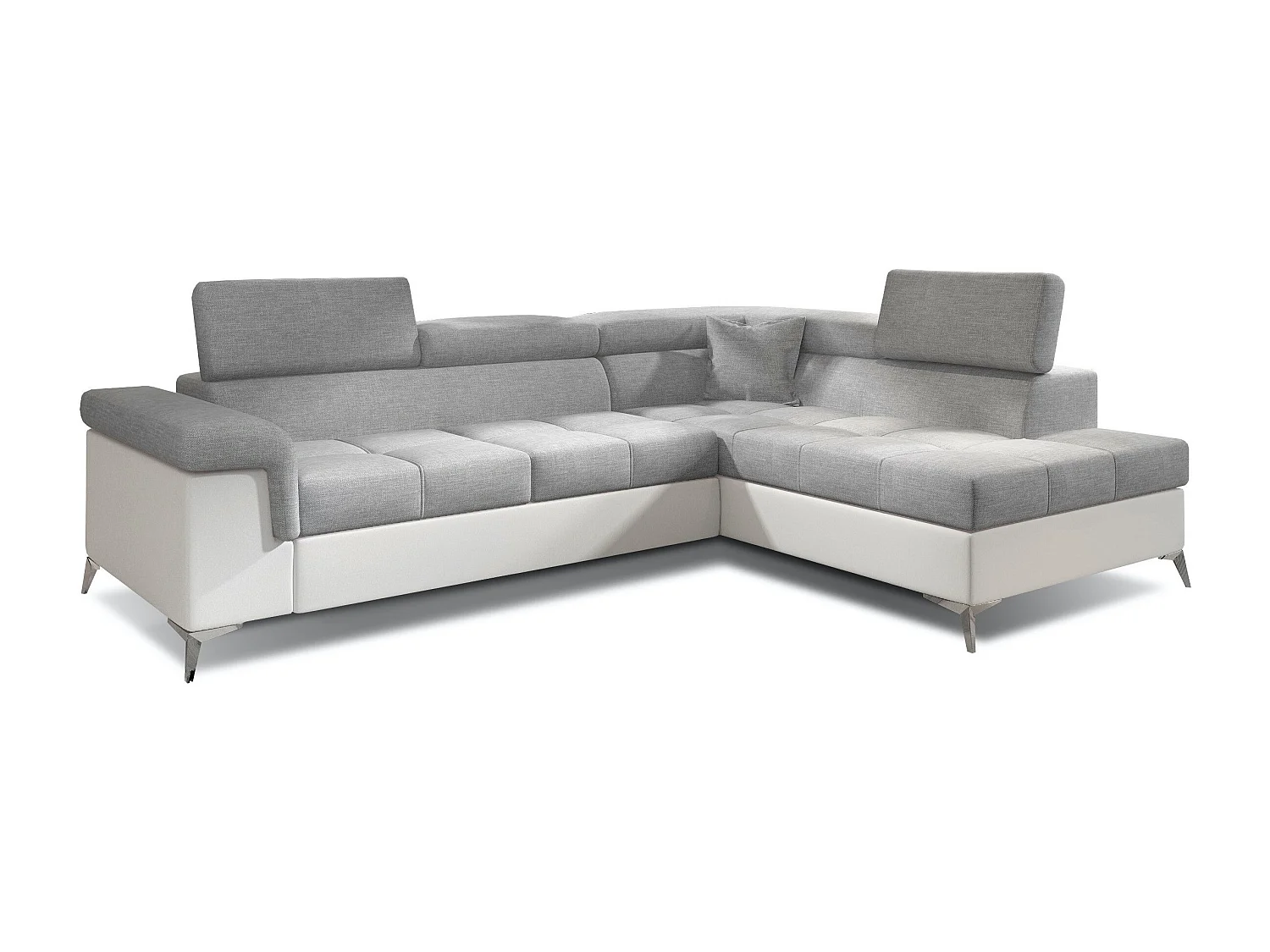 Canapé d'angle convertible Bi matière MARIDO - Coffre et appuis-tête réglables-Blanc/Gris clair-angle droit