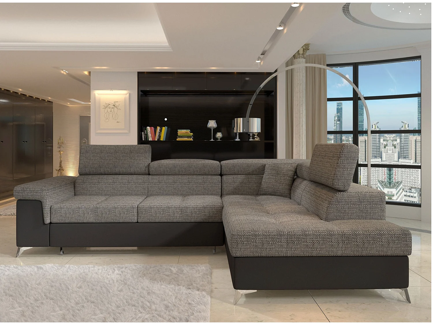 Canapé d'angle convertible Bi matière MARIDO - Coffre et appuis-tête réglables-Blanc/Gris clair-angle droit