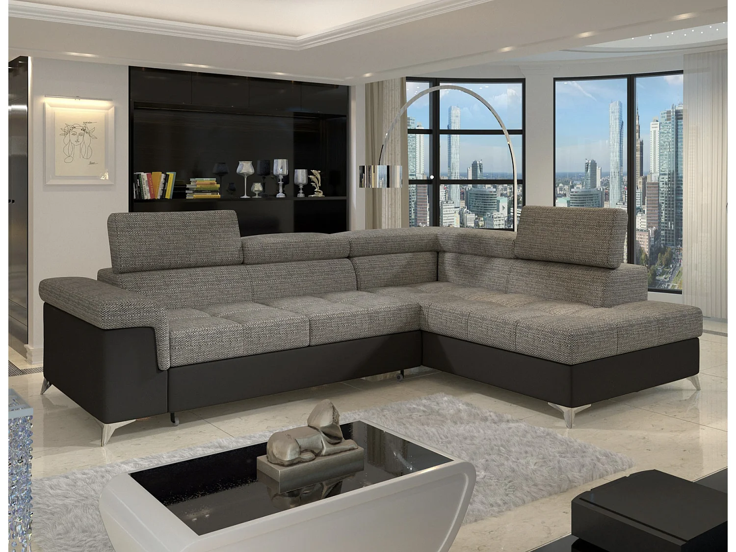 Canapé d'angle convertible Bi matière MARIDO - Coffre et appuis-tête réglables-Blanc/Gris clair-angle droit