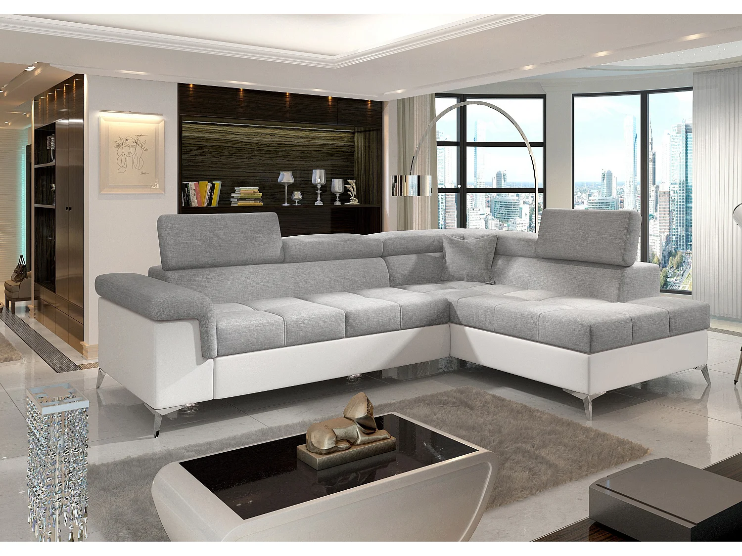 Canapé d'angle convertible Bi matière MARIDO - Coffre et appuis-tête réglables-Blanc/Gris clair-angle droit