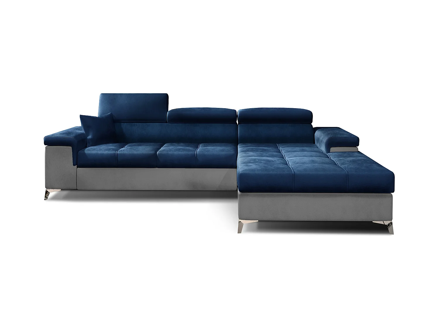 Canapé angle droit convertible velours bleu marine et gris clair avec appuis-tête réglables Rikaro 280cm