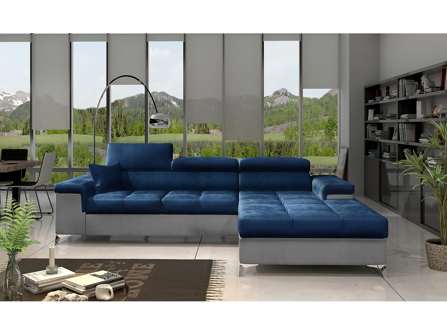 Canapé angle droit convertible velours bleu marine et gris clair avec appuis-tête réglables Rikaro 280cm