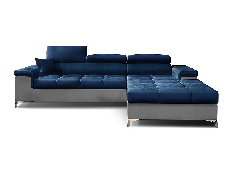 Canapé angle droit convertible velours bleu marine et gris clair avec appuis-tête réglables Rikaro 280cm