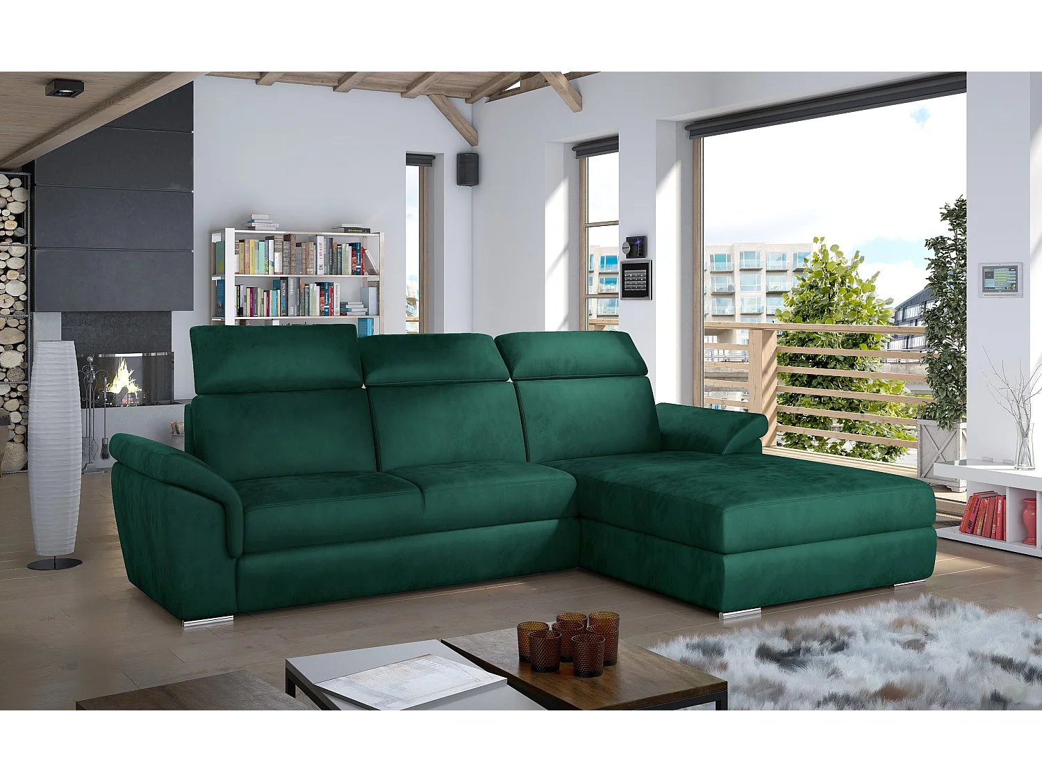 Canapé convertible d'angle droit velours vert têtières réglables Suzy 272cm