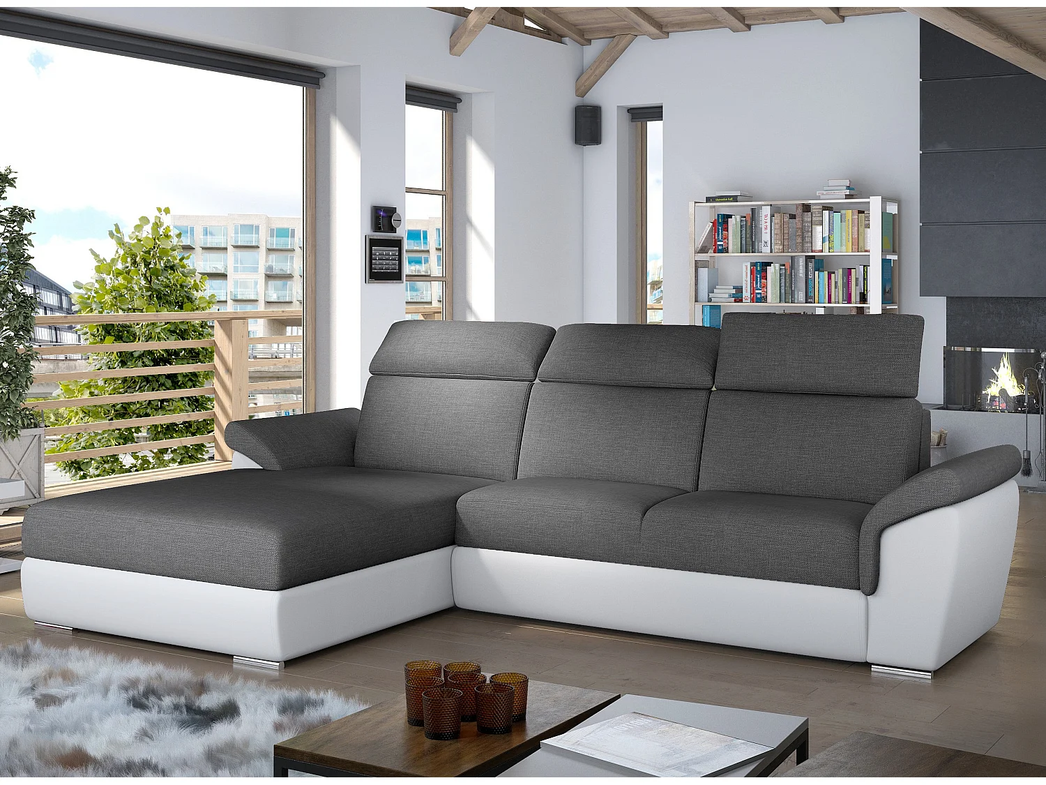 Canapé convertible d'angle gauche simili blanc et tissu gris foncé Suzy 272cm