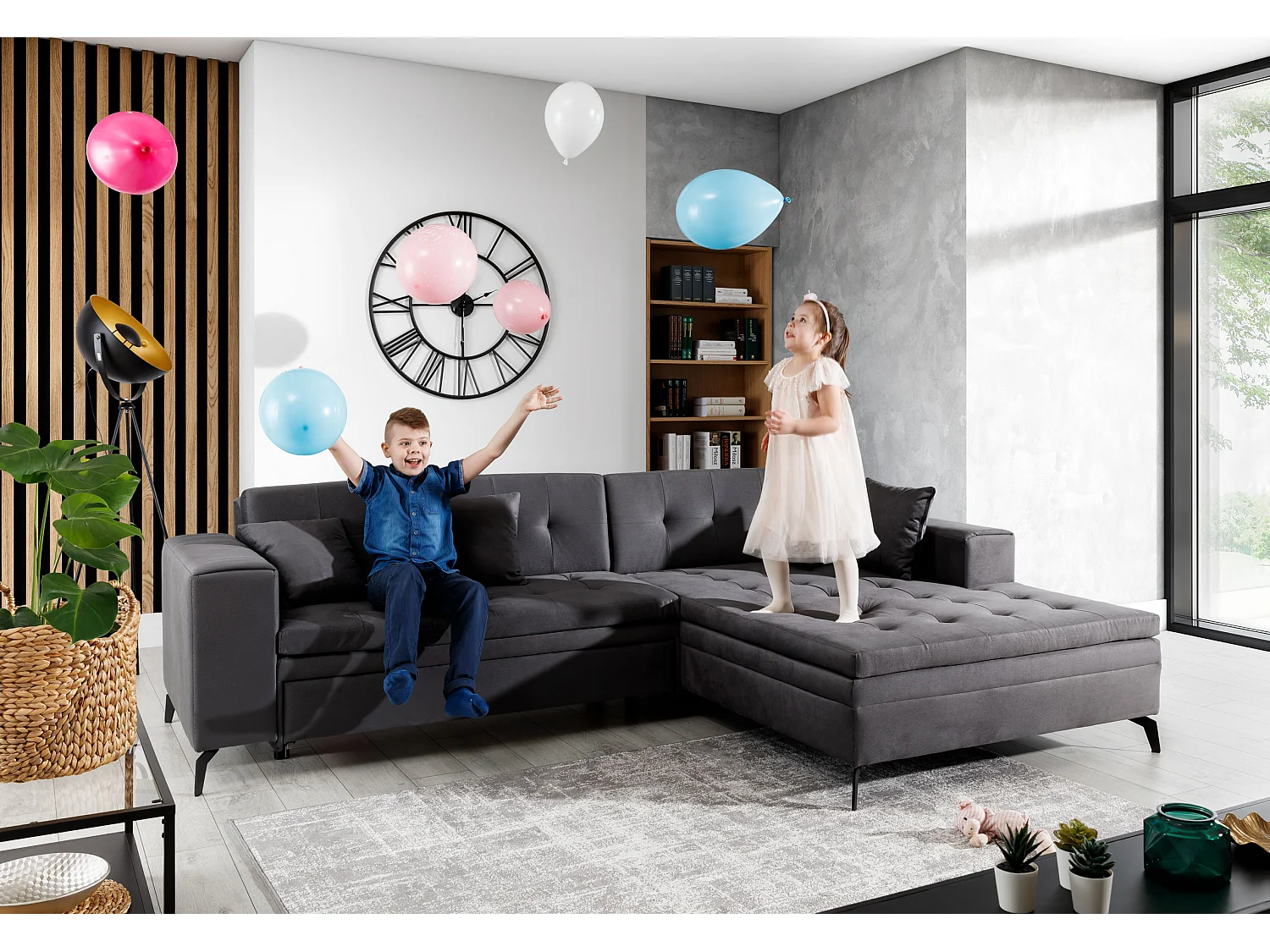 Converteerbare gewatteerde bank haaks beige stof en zwart metalen poten Lazor 295 cm