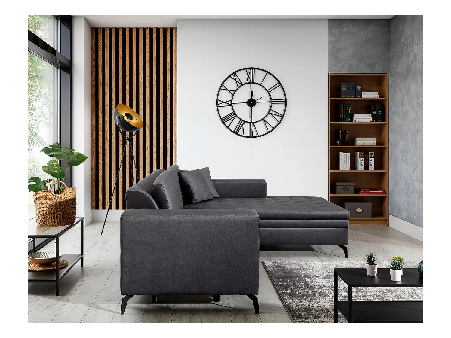 Converteerbare gewatteerde bank haaks beige stof en zwart metalen poten Lazor 295 cm