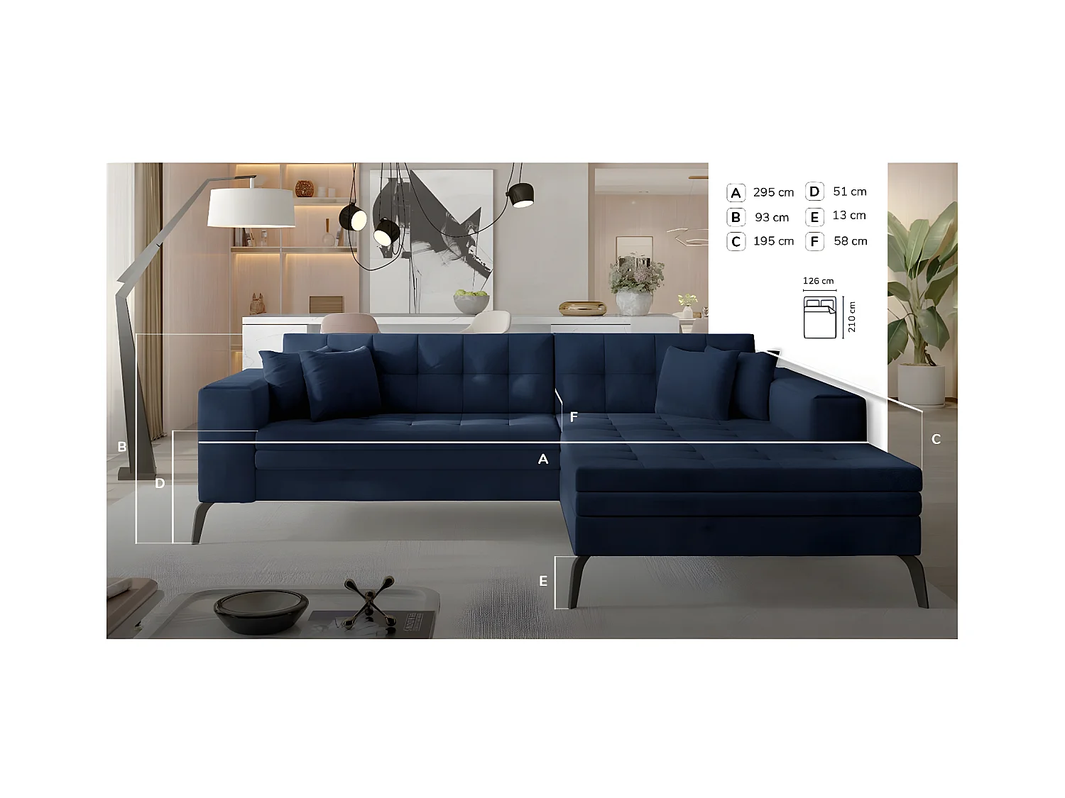 Converteerbare gewatteerde bank haaks beige stof en zwart metalen poten Lazor 295 cm