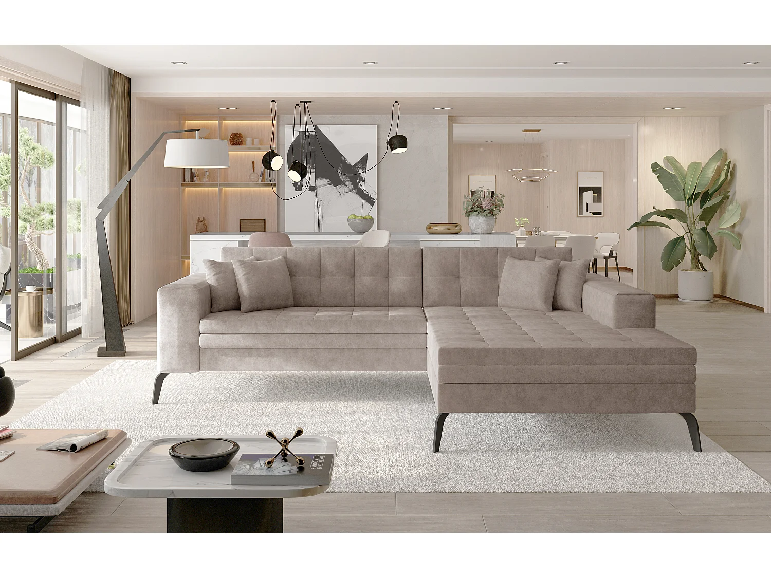 Canapé convertible capitonné angle droit tissu beige et pieds métal noir Lazor 295cm