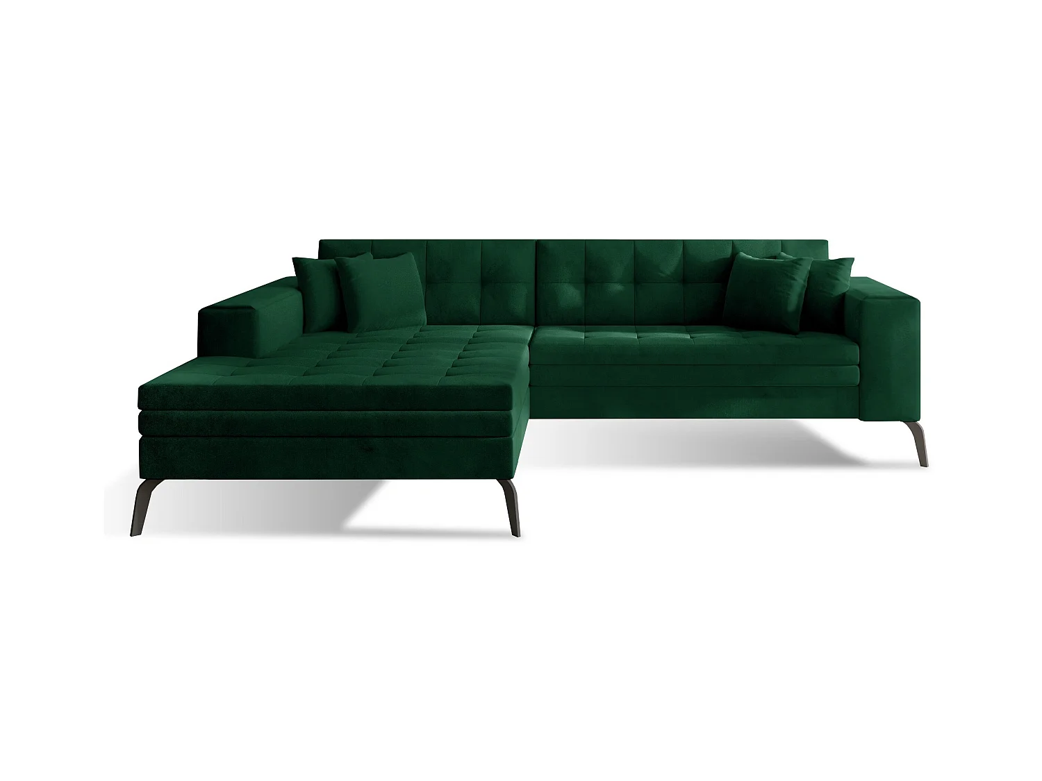 Canapé convertible capitonné angle gauche velours vert impérial et pieds métal noir Lazor 295cm