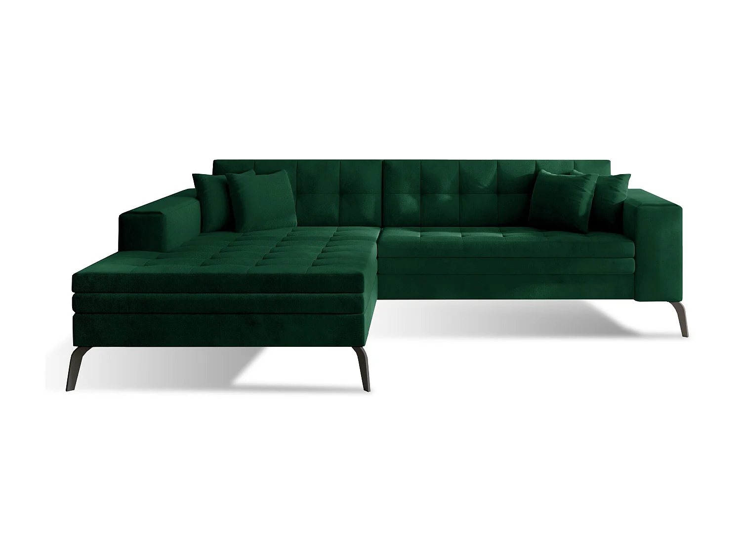 Canapé convertible capitonné angle gauche velours vert impérial et pieds métal noir Lazor 295cm