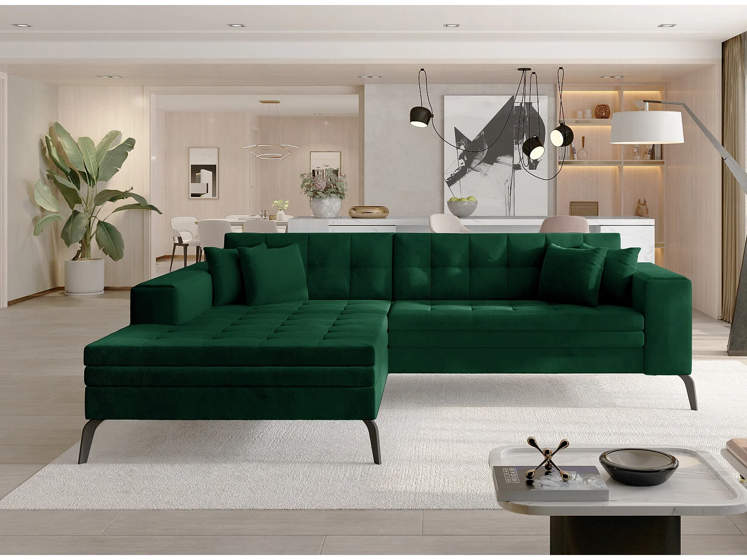 Canapé convertible capitonné angle gauche velours vert impérial et pieds métal noir Lazor 295cm