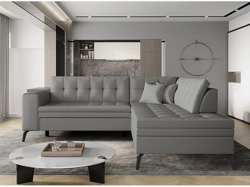 Canapé convertible capitonné angle droit simili cuir gris Larry 260cm