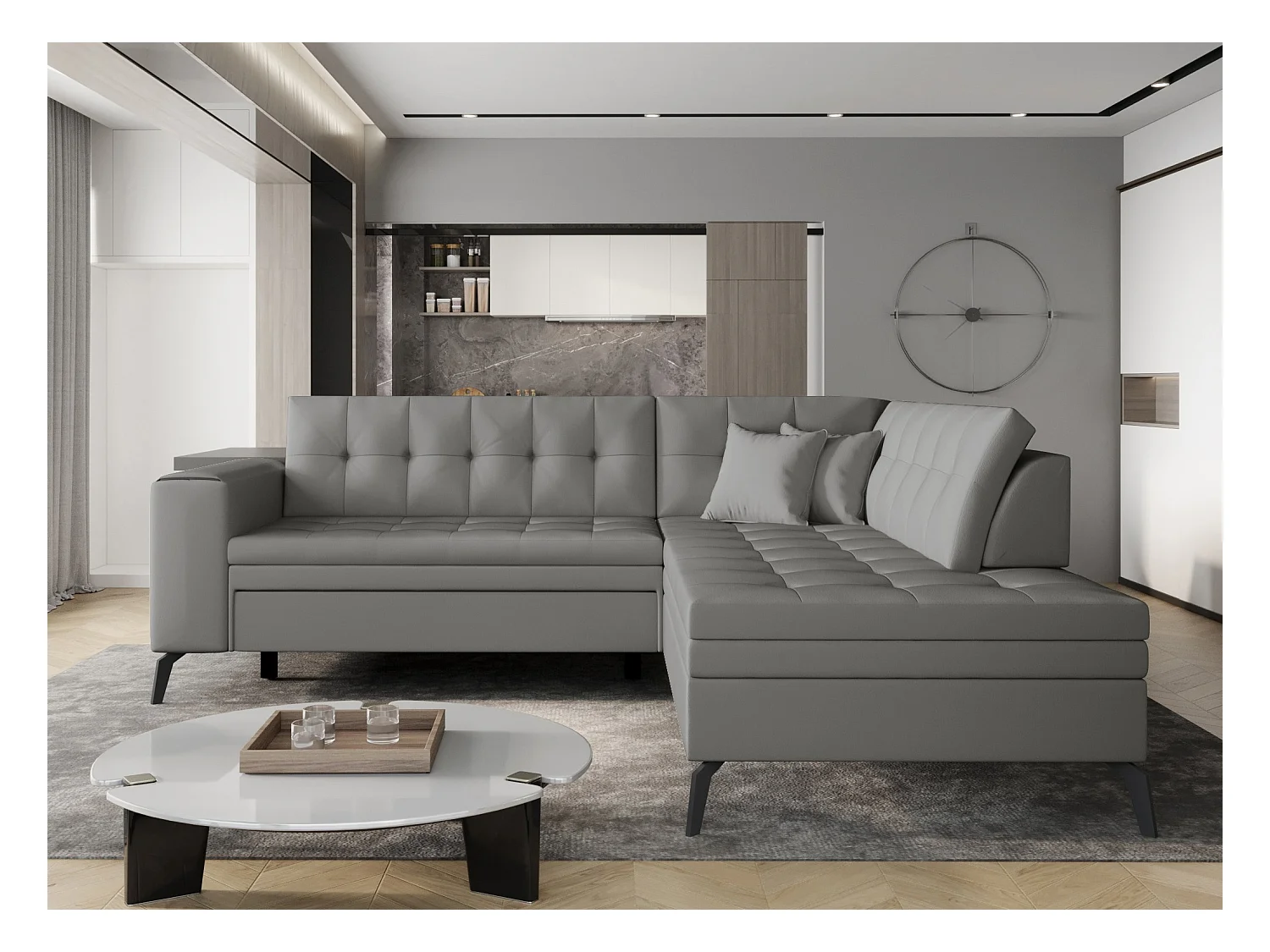 Canapé convertible capitonné angle droit simili cuir gris Larry 260cm