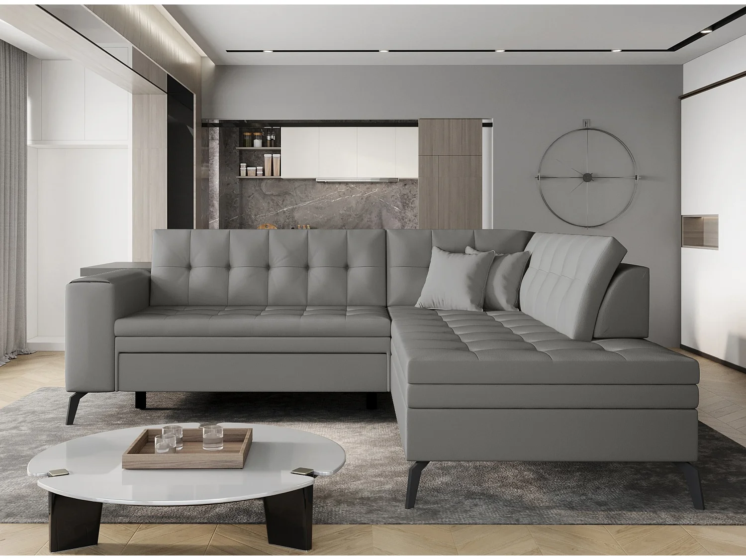 Canapé convertible capitonné angle droit simili cuir gris Larry 260cm