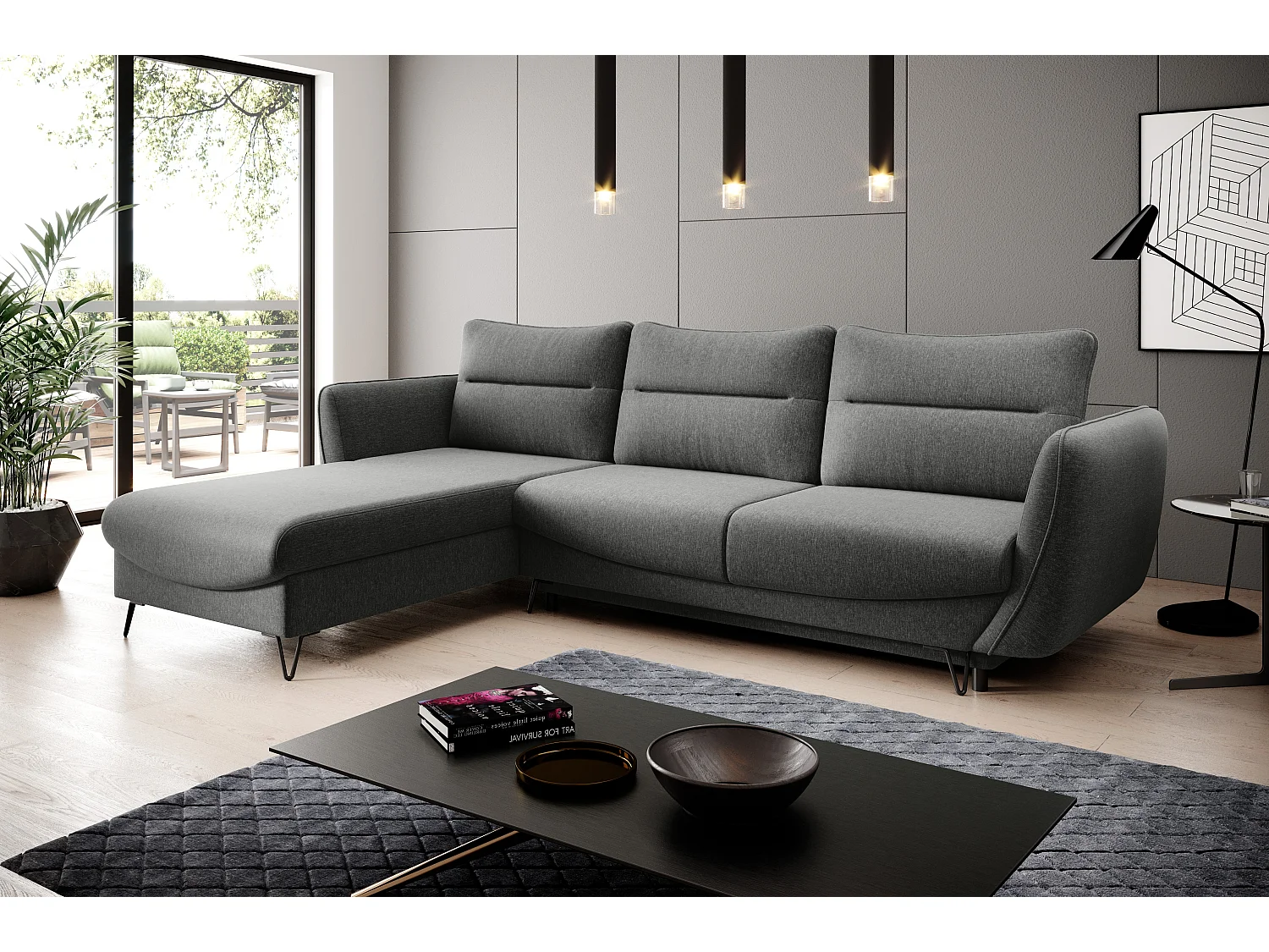 Canapé d'angle gauche convertible tissu gris clair chiné Zurik 276cm