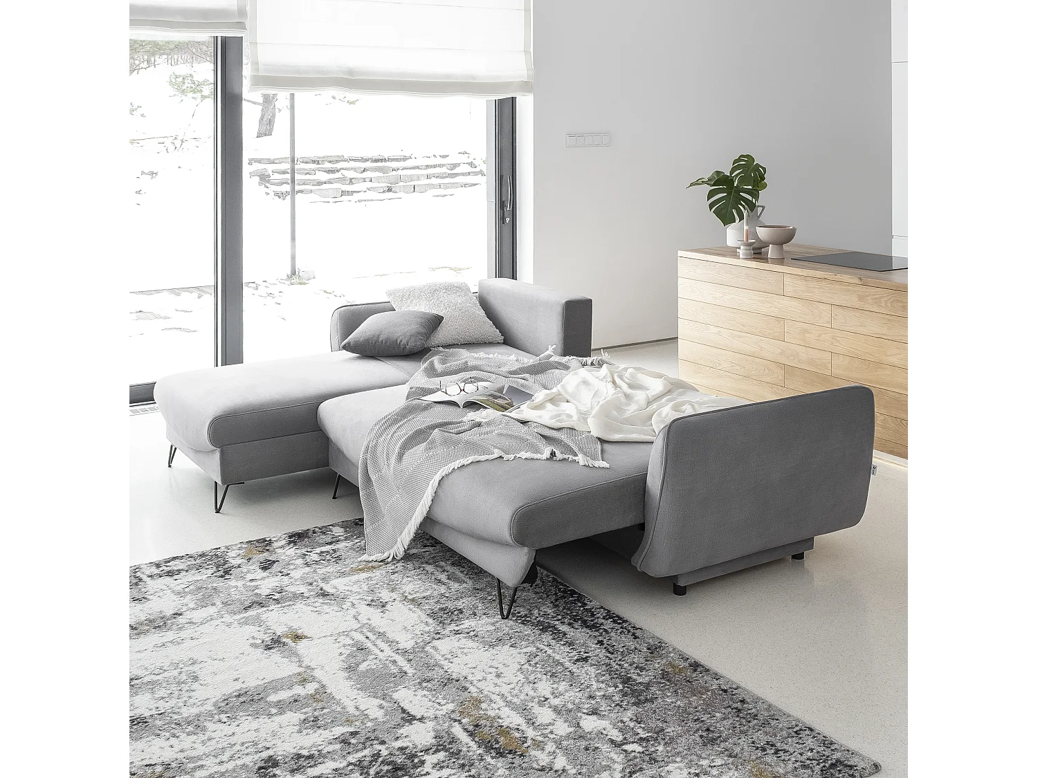 Canapé d'angle gauche convertible tissu gris clair chiné Zurik 276cm