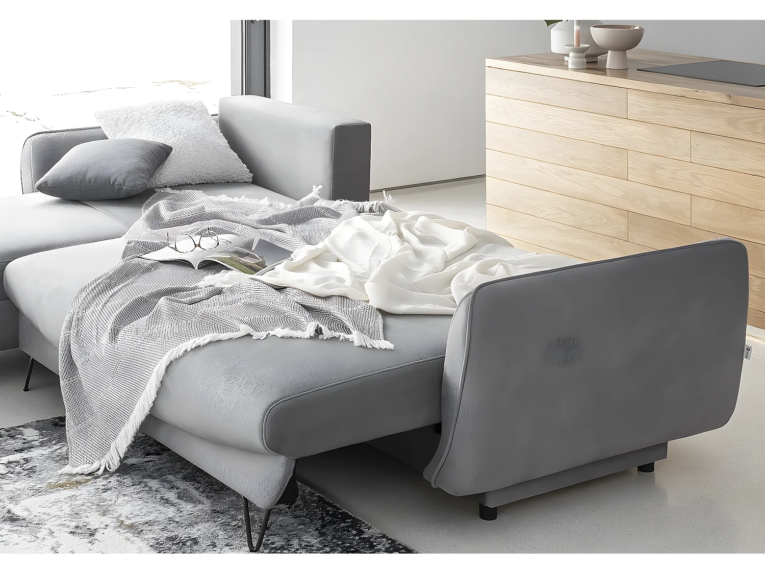 Canapé d'angle gauche convertible tissu gris clair chiné Zurik 276cm