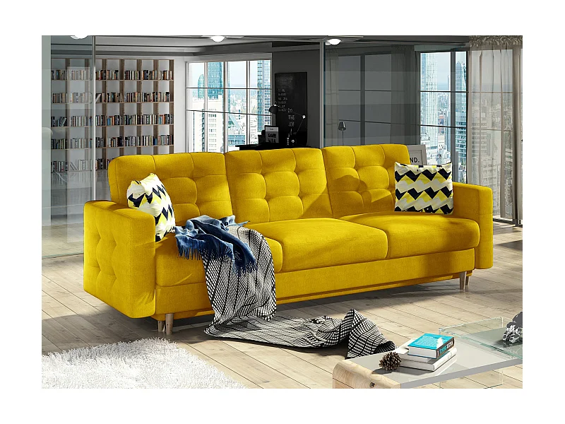Canapé 3 places convertible matelassé tissu jaune moutarde Anska 235cm