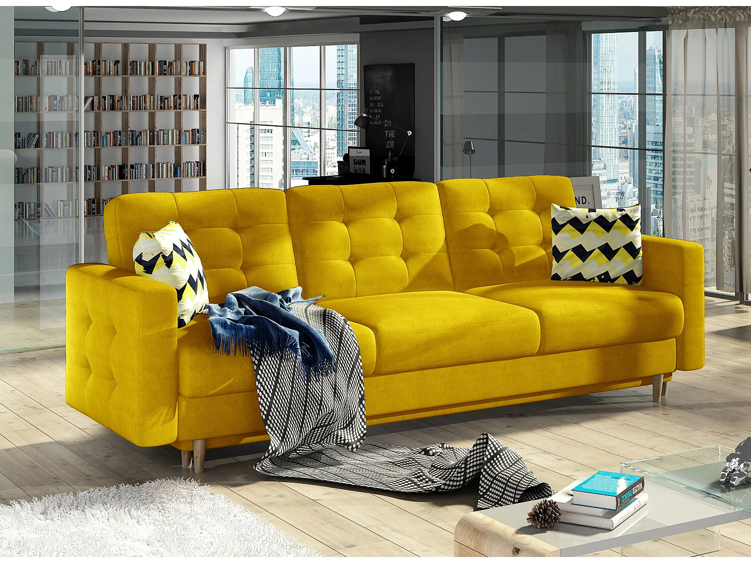 Canapé 3 places convertible matelassé tissu jaune moutarde Anska 235cm