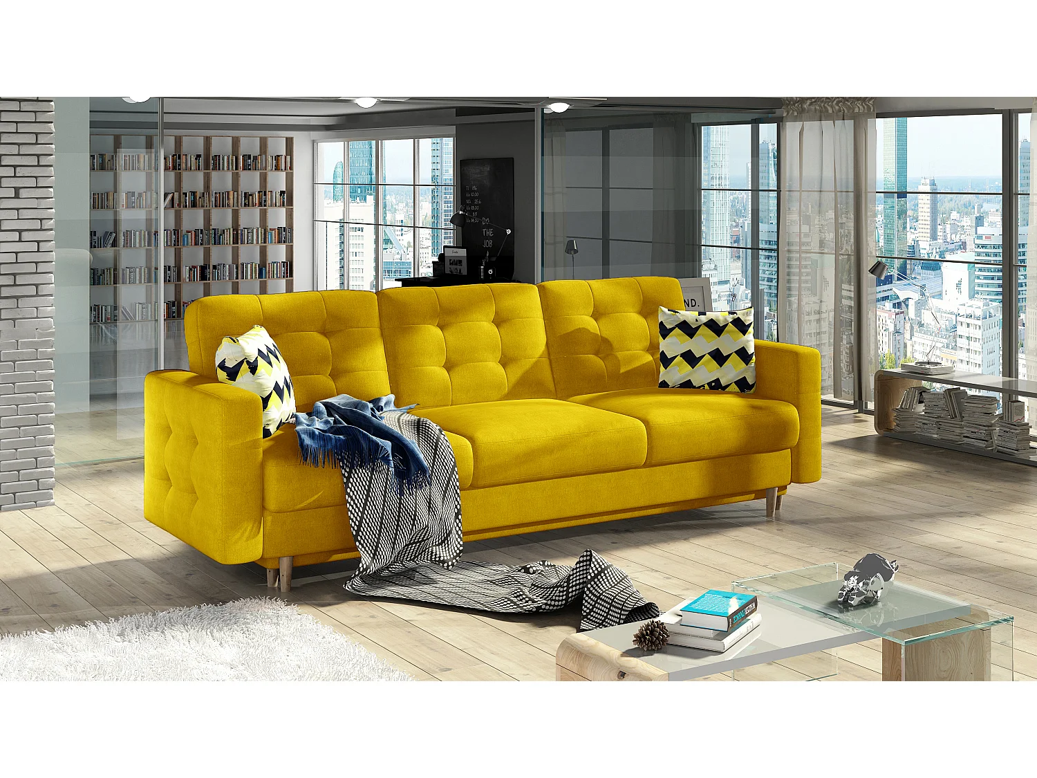 Canapé 3 places convertible matelassé tissu jaune moutarde Anska 235cm