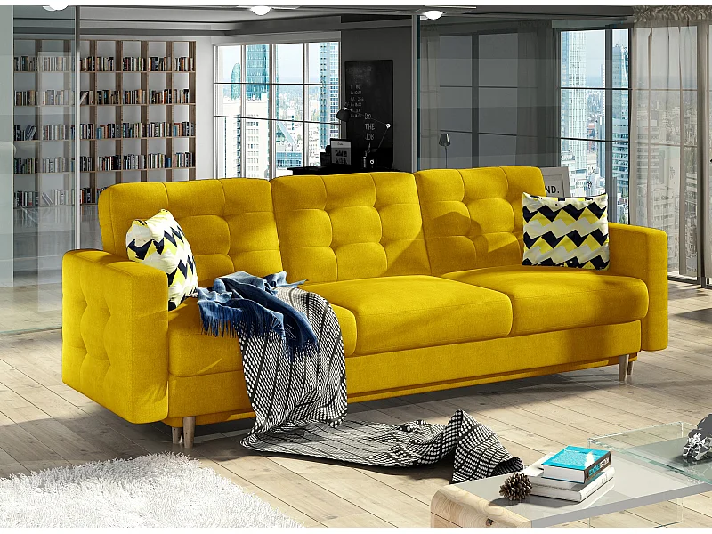 3-zits slaapbank gewatteerd mosterdgele stof Anska 235 cm