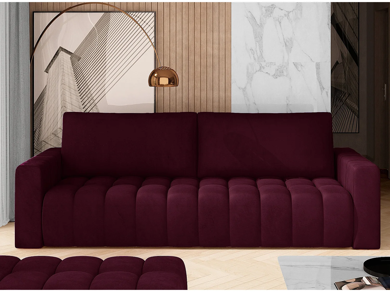 Canapé convertible 3 places velours bordeaux avec coffre de rangement Larko 245cm