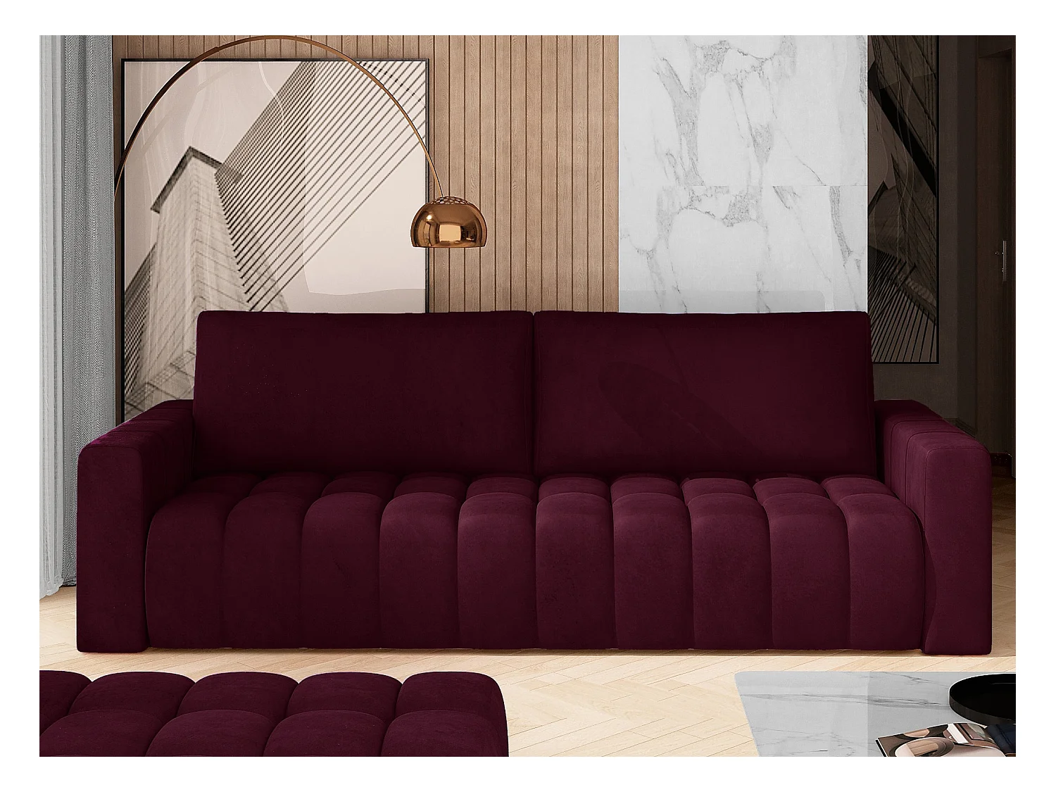 Canapé convertible 3 places velours bordeaux avec coffre de rangement Larko 245cm