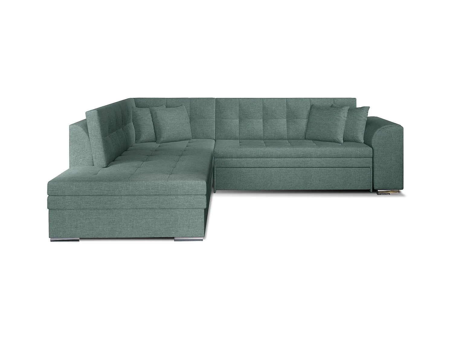 Converteerbare hoekbank links in Celadon groene stof en Pika chroom 260 cm