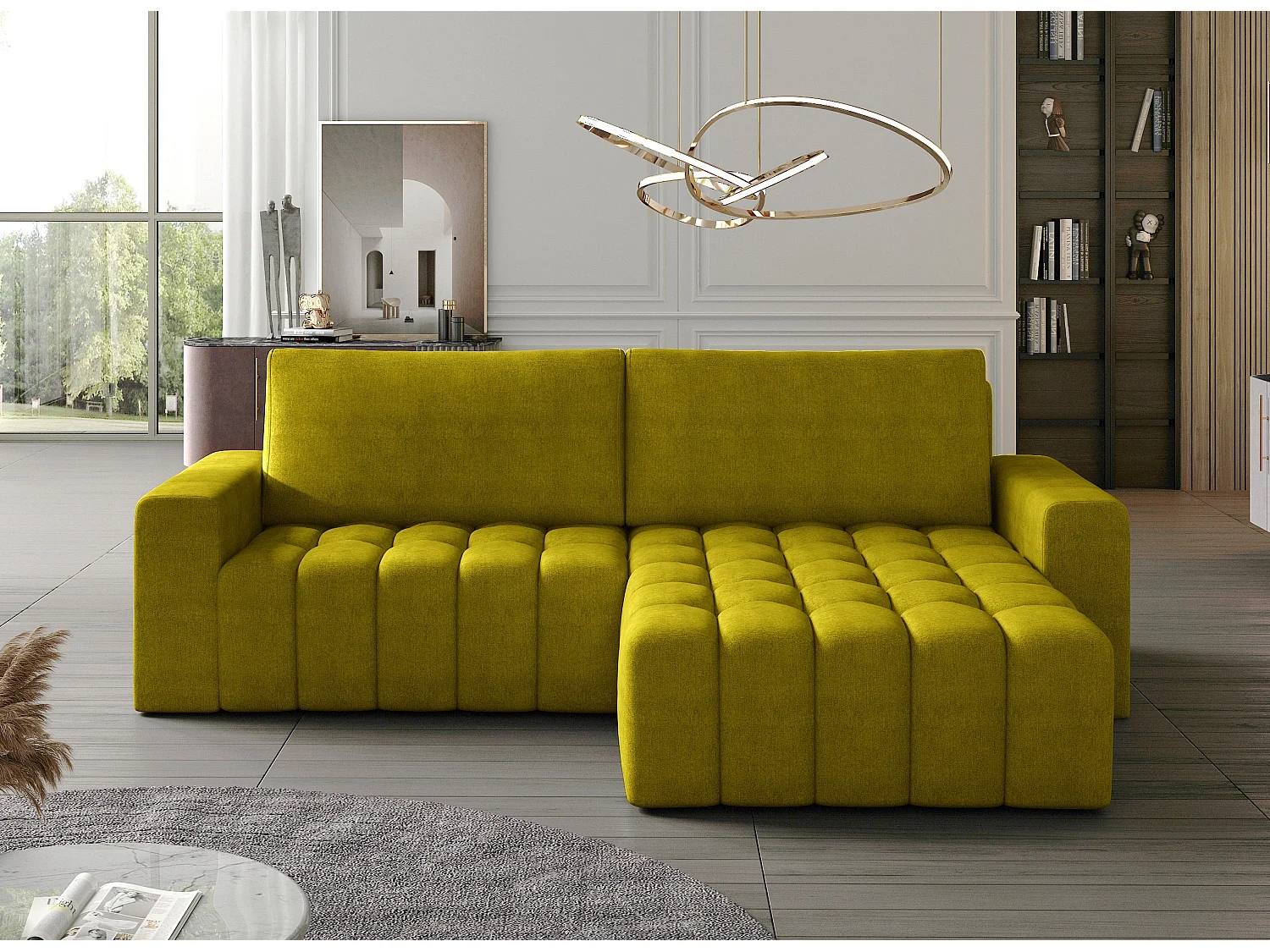 Canapé convertible design tissu matelassé jaune moutarde angle droit Bozen 250cm