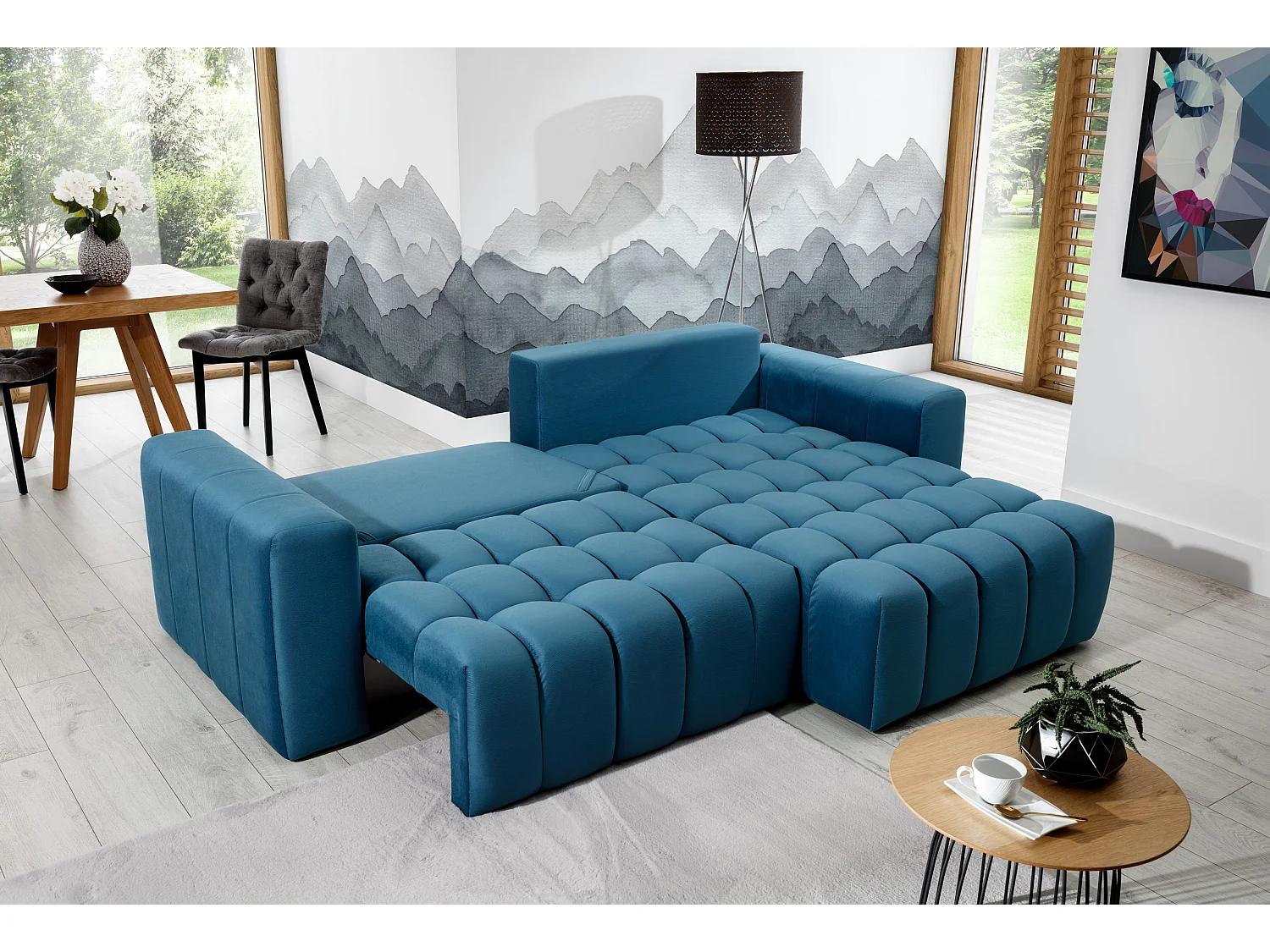 Canapé convertible design tissu matelassé jaune moutarde angle droit Bozen 250cm