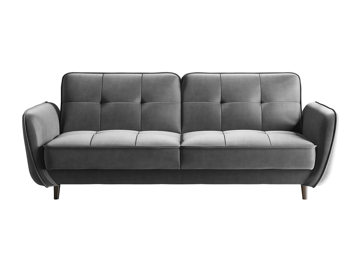 Canapé convertible 3 places tissu doux gris foncé capitonné et pieds bois noir Bizza 220cm