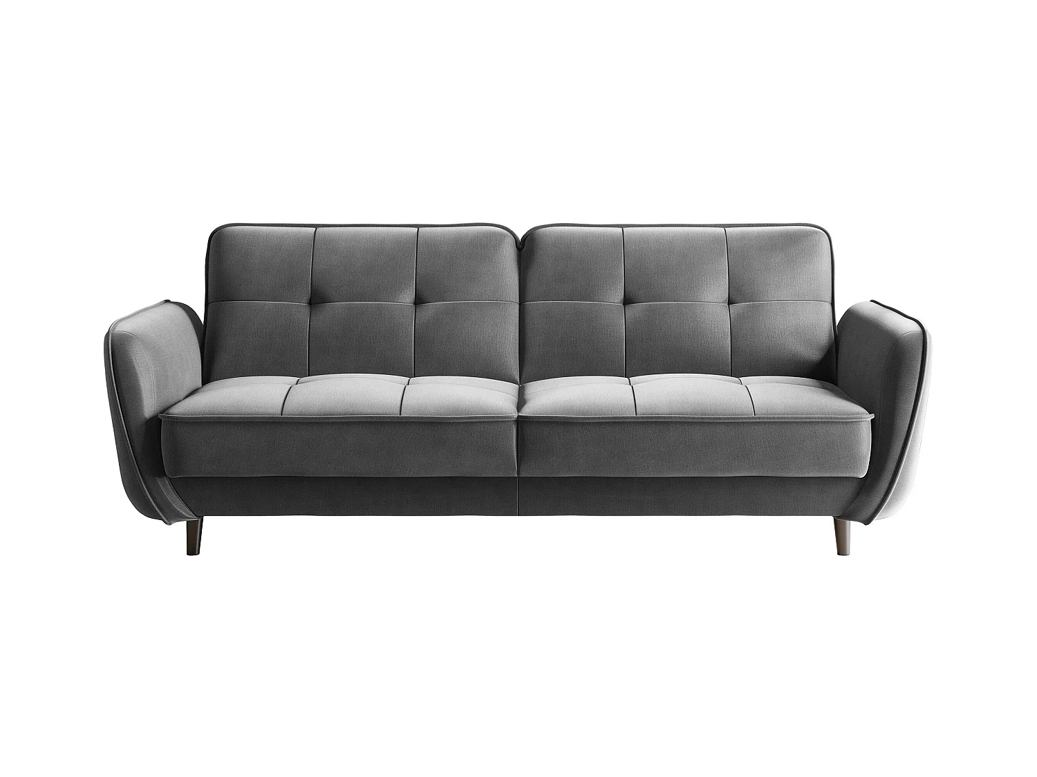 Canapé convertible 3 places tissu doux gris foncé capitonné et pieds bois noir Bizza 220cm