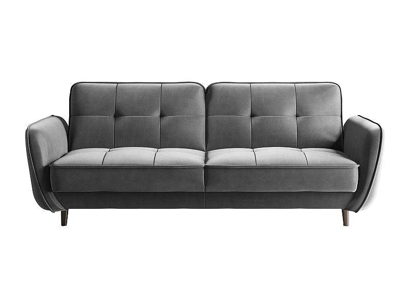 Canapé convertible 3 places tissu doux gris foncé capitonné et pieds bois noir Bizza 220cm