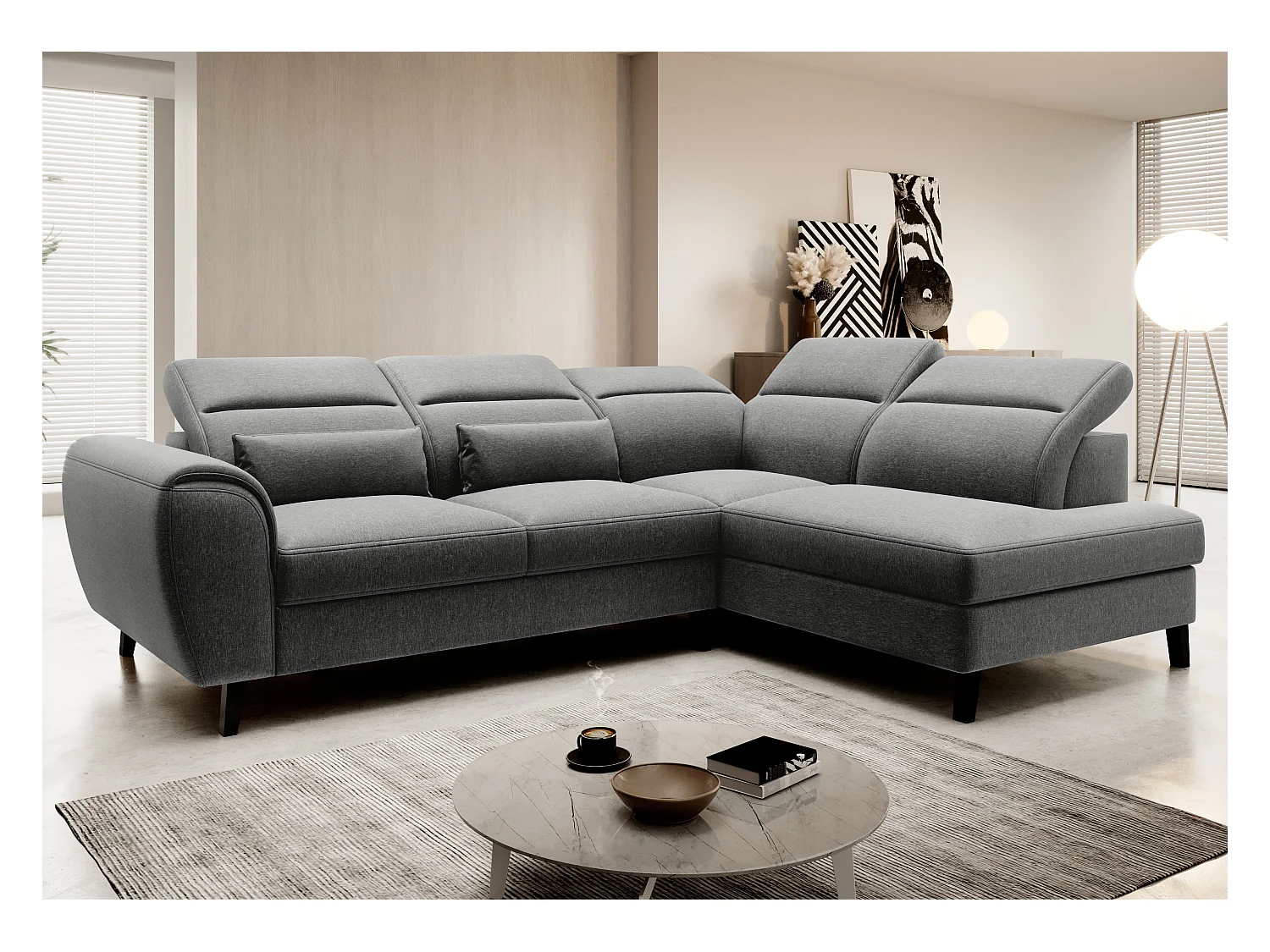 Canapé d'angle droit convertible tissu gris chiné Noblesse 255cm