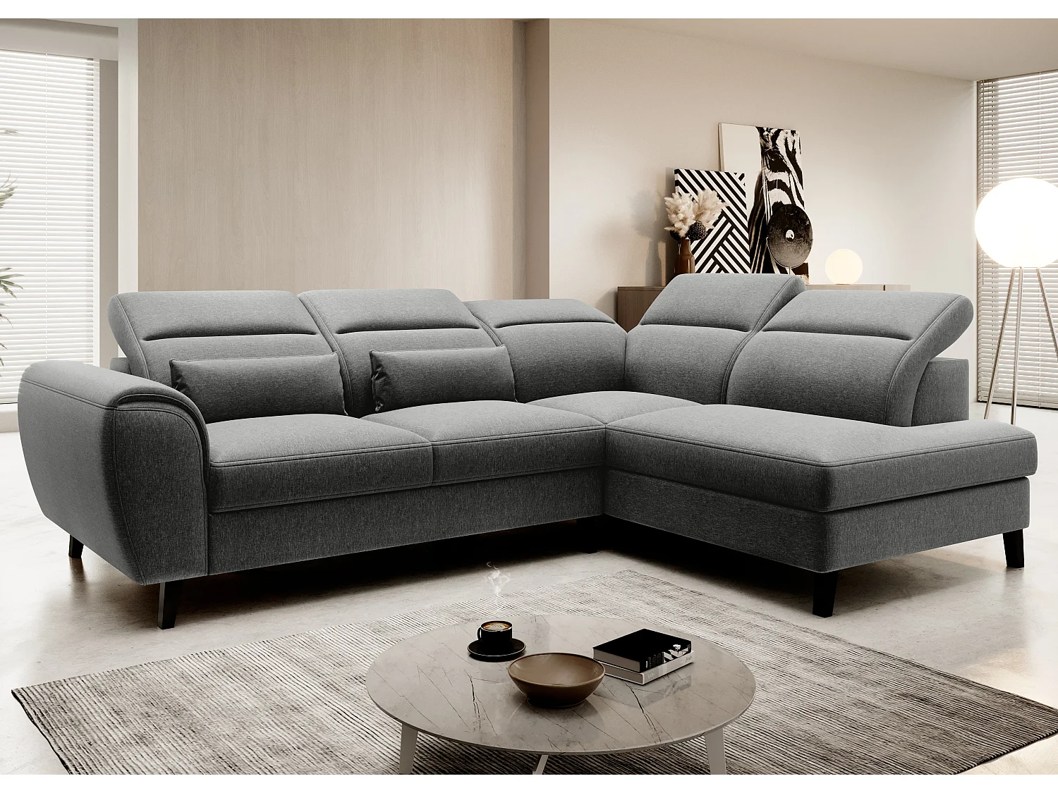 Canapé d'angle droit convertible tissu gris chiné Noblesse 255cm