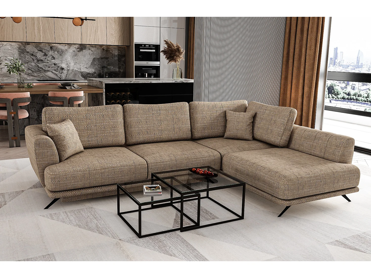 Canapé convertible angle droit tissu beige chiné Savary 280cm